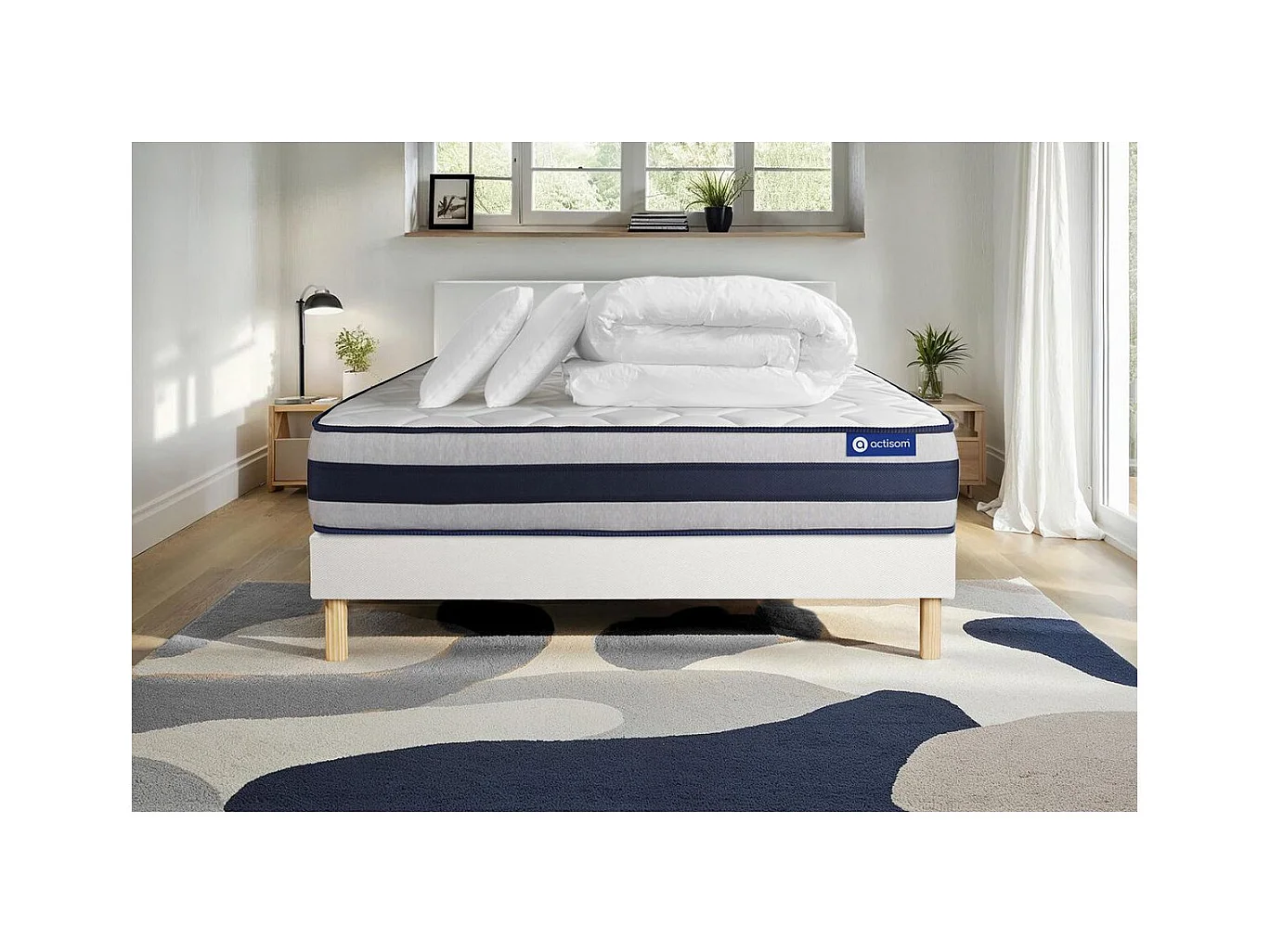 Pack prêt à dormir matelas Mémoire de forme ACTIMEMO ERGO 140x200 cm Maxi épaisseur + sommier KIT blanc + 2oreillers +couette