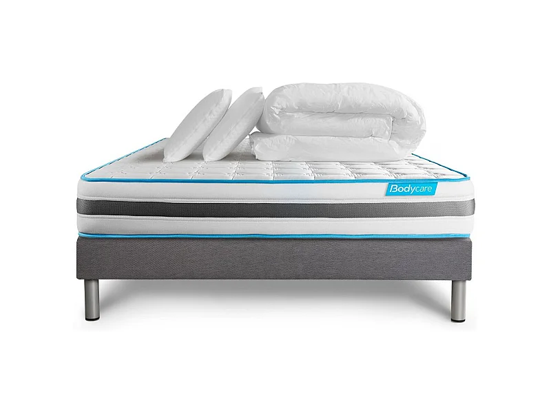 Pack 140x200 matelas BodyFlex + sommier kit gris + Couette 240x220cm + 2 oreillers 60x40cm