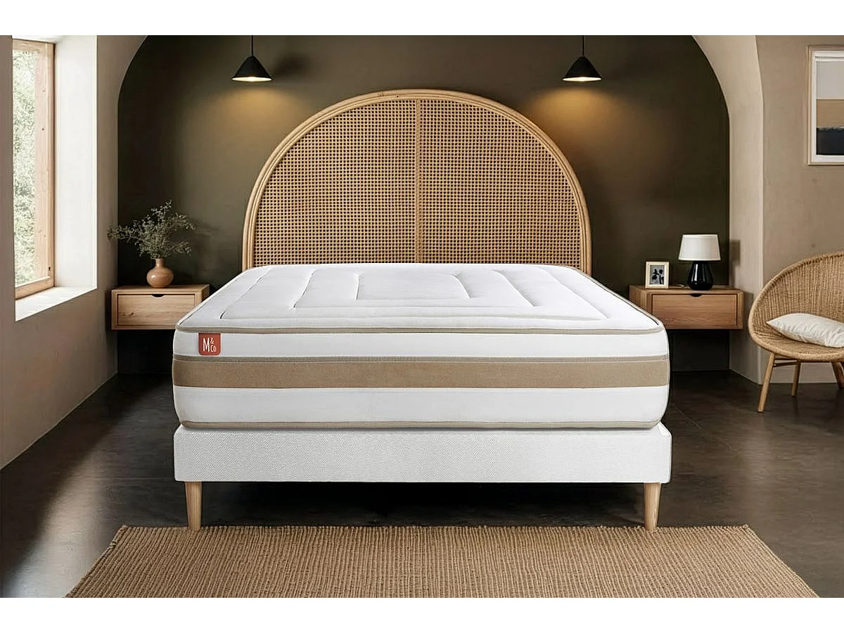 Ensemble LE RAFFINÉ 90x200cm Ressorts ensachés + Mémoire de forme BioVisco - Maxi épaisseur 26cm + sommier kit Blanc