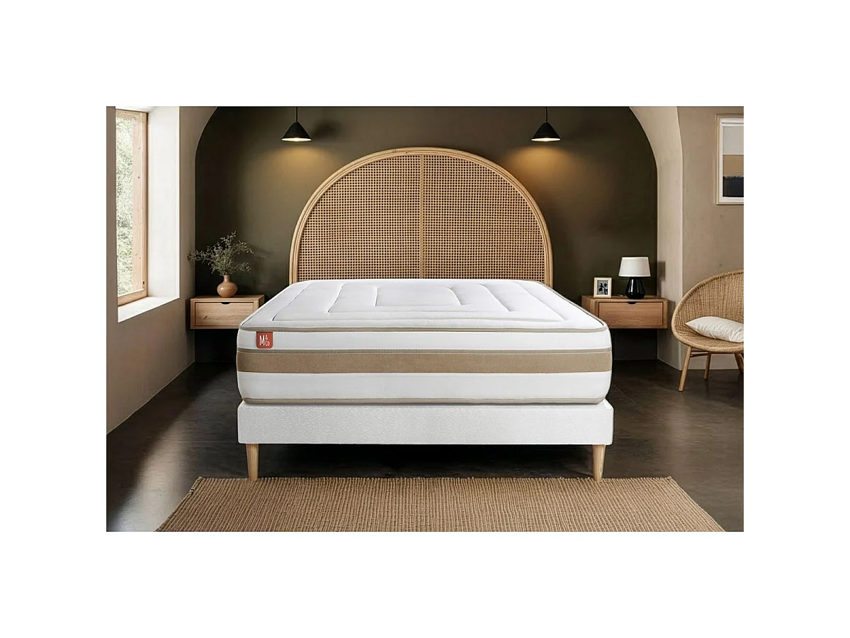 Ensemble LE RAFFINÉ 90x200cm Ressorts ensachés + Mémoire de forme BioVisco - Maxi épaisseur 26cm + sommier kit Blanc