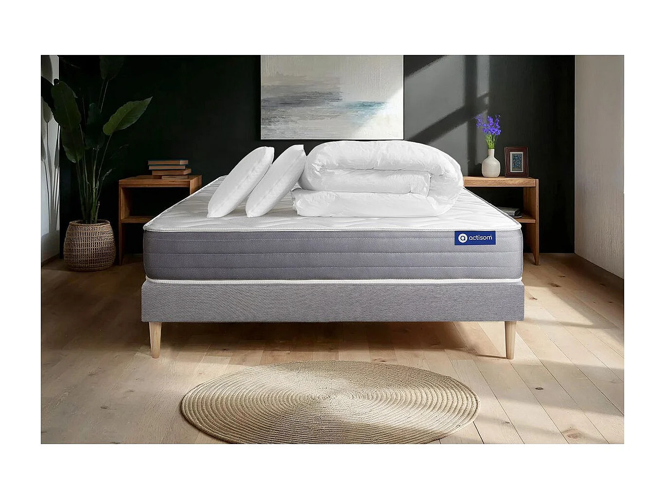 Pack prêt à dormir matelas ACTILATEX DREAM Latex et mémoire de forme 200x200 cm + sommier KIT gris + 2 oreillers + couette