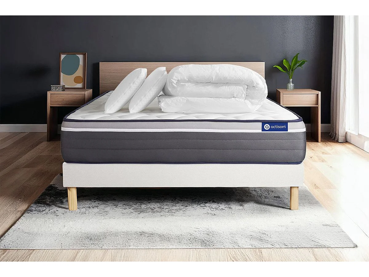 Pack cama completa - Colchón 160x200cm + Somier con láminas (kit) + 2 almohadas + Edredón - ActiMemo Plus