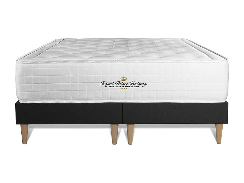 Pack matelas à mémoire de forme maxi épaisseur Buckingham 160x200cm + double sommier Noir 80x200 cm + 2 oreillers + 1 couette