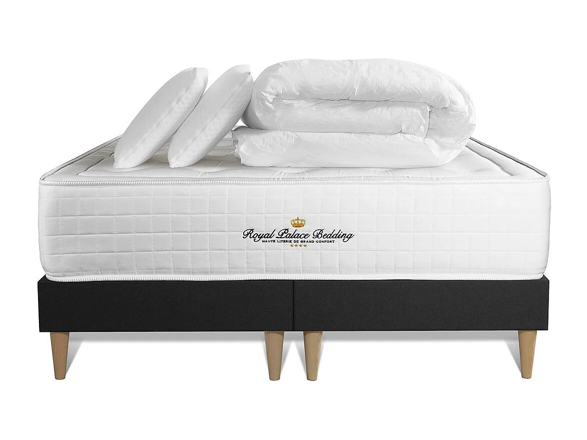 Pack matelas à mémoire de forme maxi épaisseur Buckingham 160x200cm + double sommier Noir 80x200 cm + 2 oreillers + 1 couette