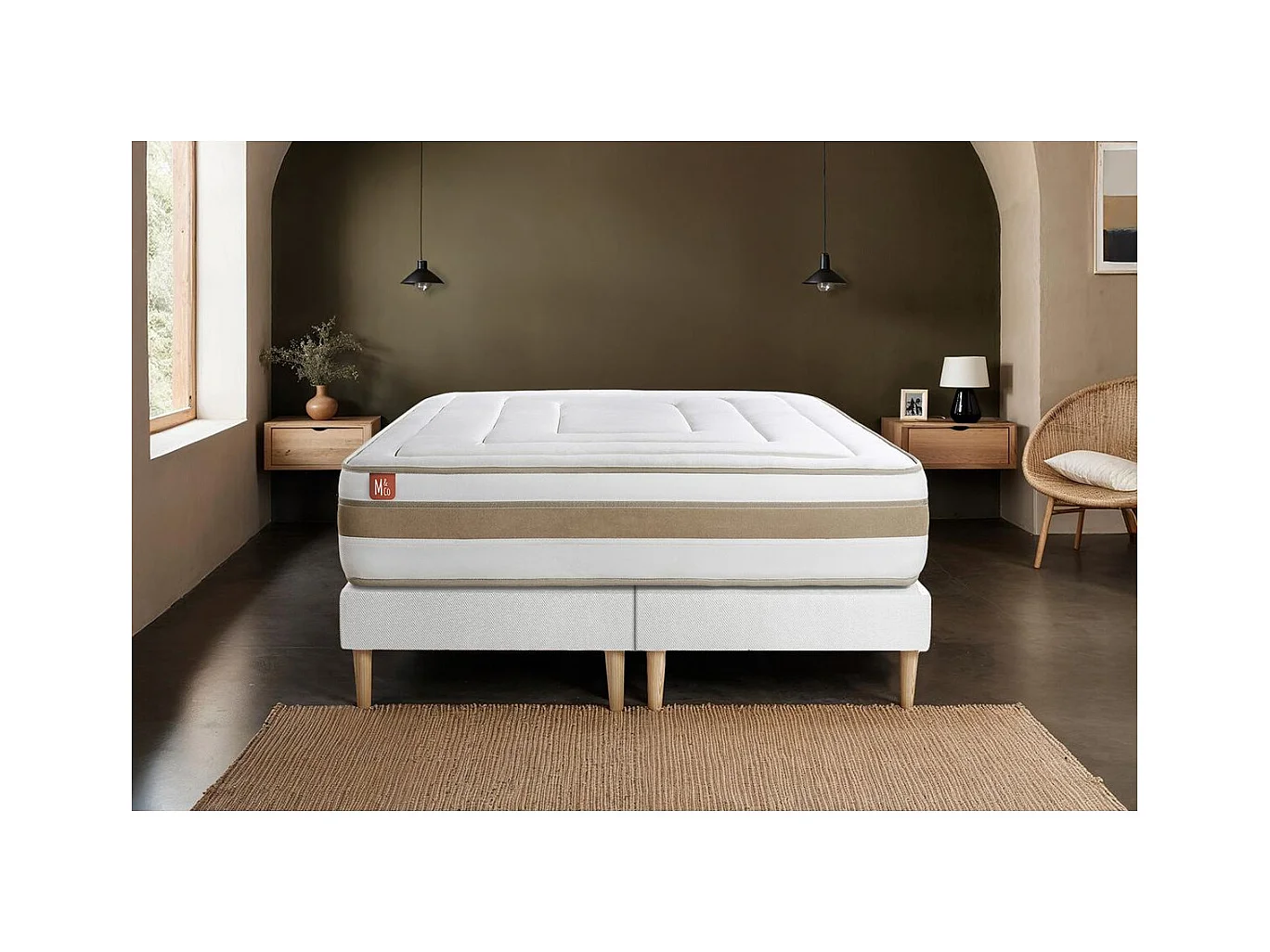 Ensemble LE RAFFINÉ 200x200cm Ressorts ensachés + Mémoire de forme BioVisco - Maxi épaisseur 26cm + double sommiers Blanc
