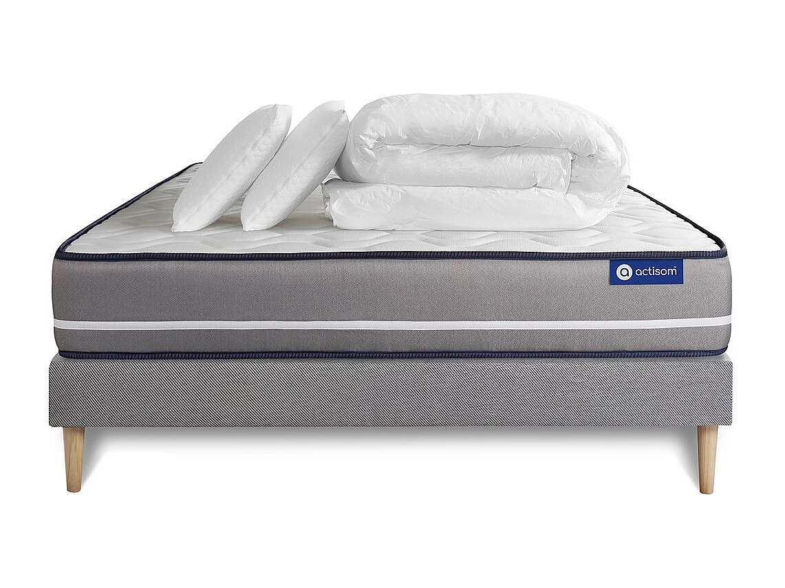 Pacchetto letto completo - Materasso 140x200cm + Box spring con doghe (kit) + 2 cuscini + Piumino - Actiflex Pur