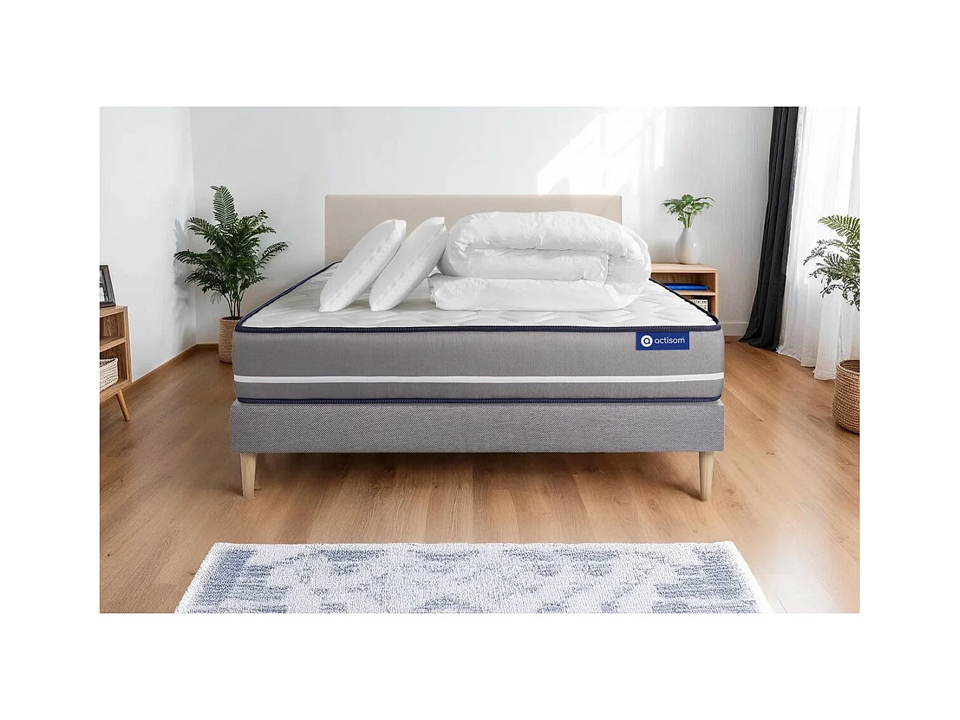 Pack prêt à dormir matelas Ressorts ensachés ACTIFLEX PUR 140x200 3zones de confort + sommier KIT gris + 2 oreillers+couette
