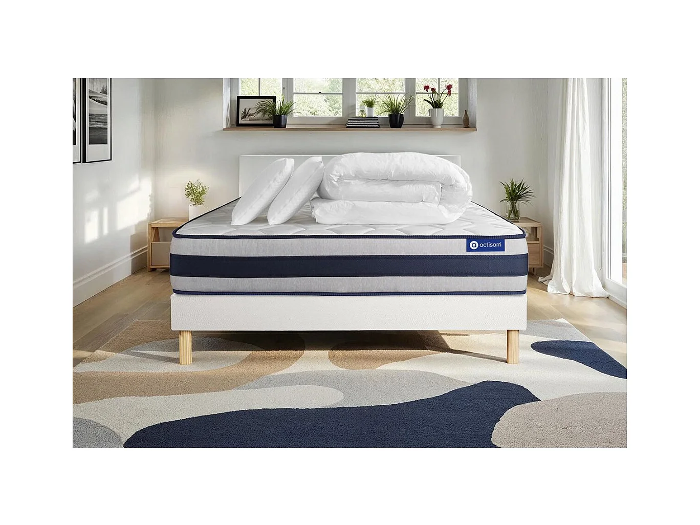 Pack prêt à dormir matelas Ressorts ensachés + Mémoire de forme ACTIFLEX ERGO 140x190 + sommier KIT blanc +2oreillers+couette