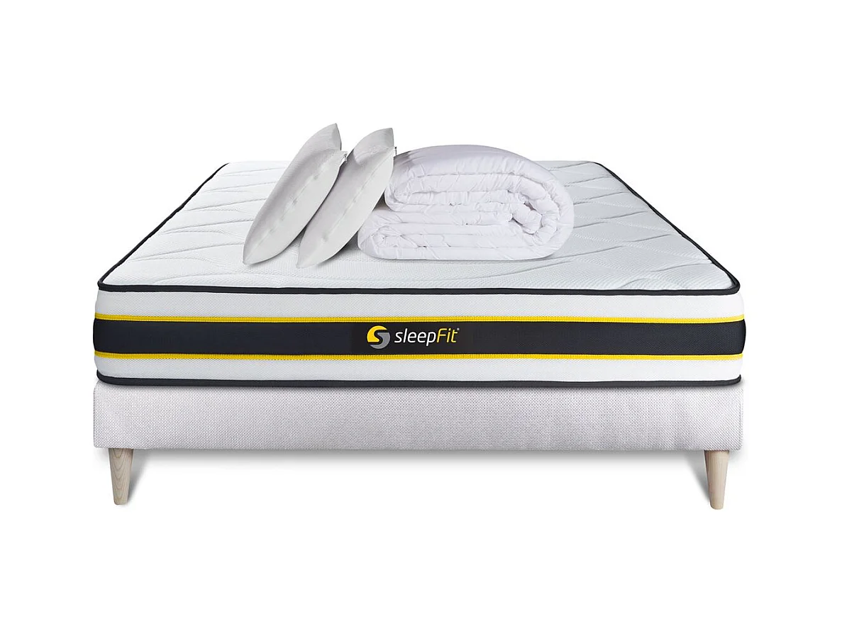 Pack prêt à dormir 140x200 matelas FLEXY + sommier kit blanc + 2 oreillers mémoire de forme 60x40cm + Couette Percale 240x220 cm
