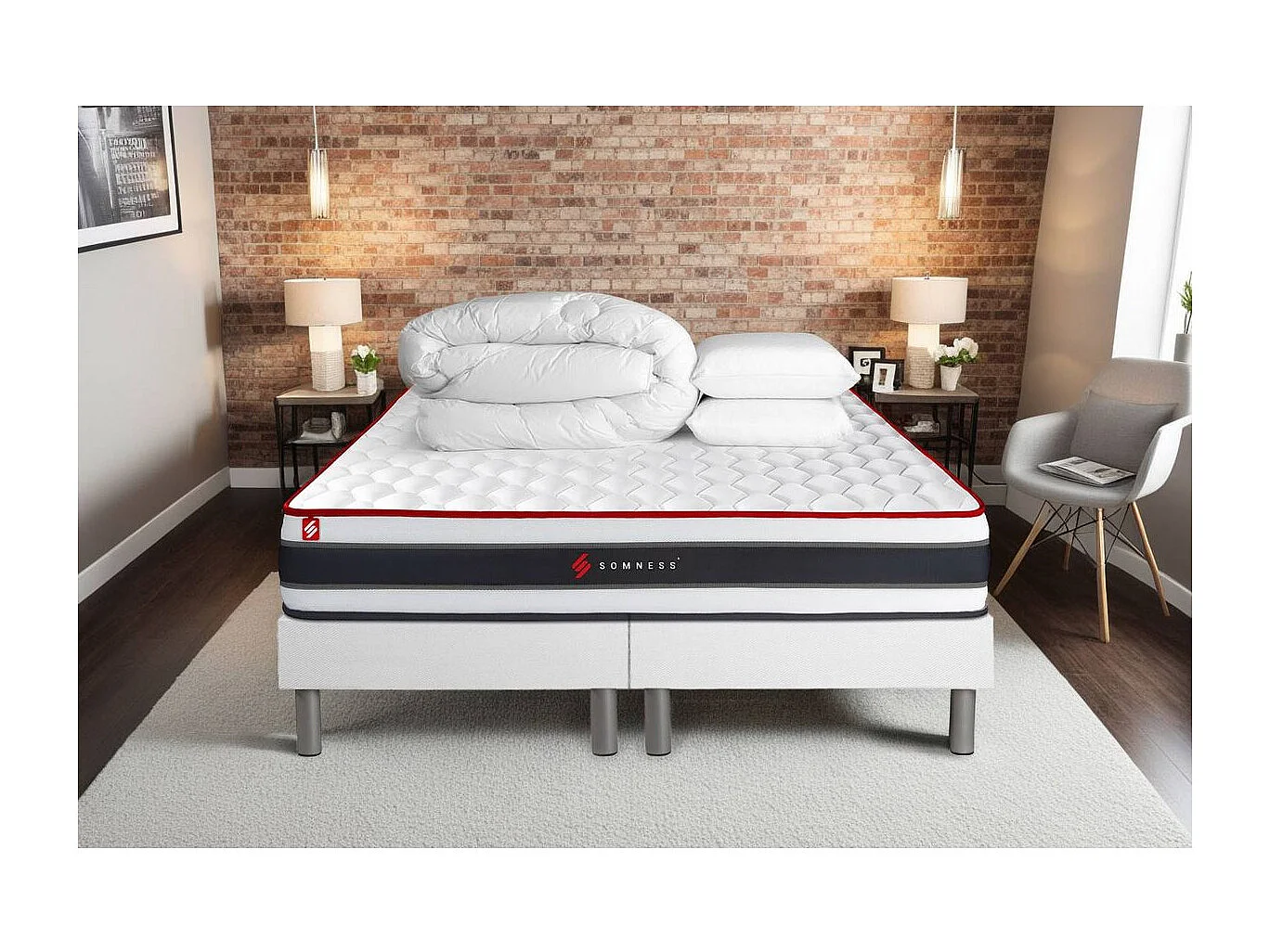 Pack matelas ENERGY 180x200 + double sommiers blanc 90x200 + Couette + 2 oreillers
