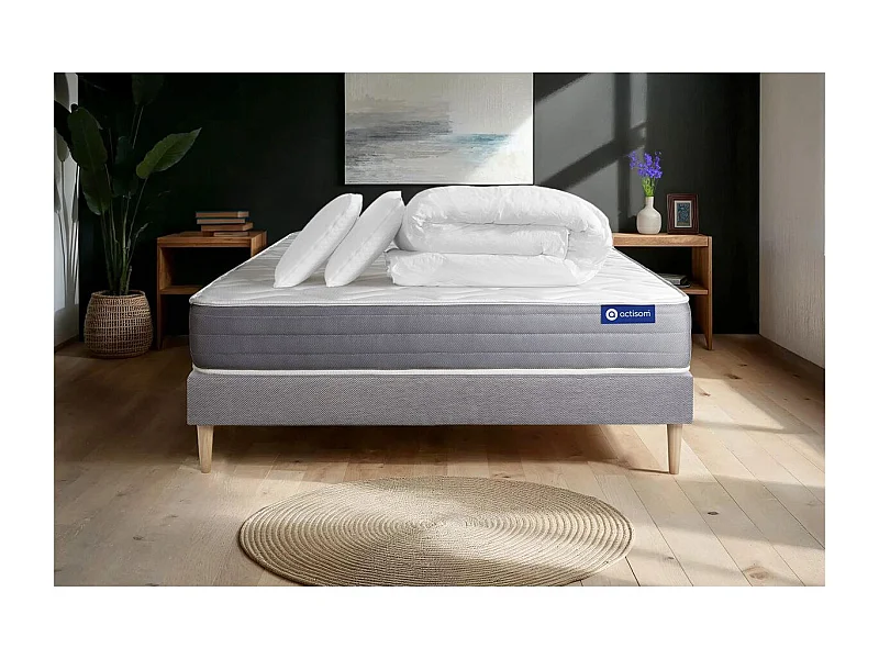 Pack prêt à dormir matelas ACTILATEX DREAM Latex et mémoire de forme 140x190 cm + sommier KIT gris + 2 oreillers + couette