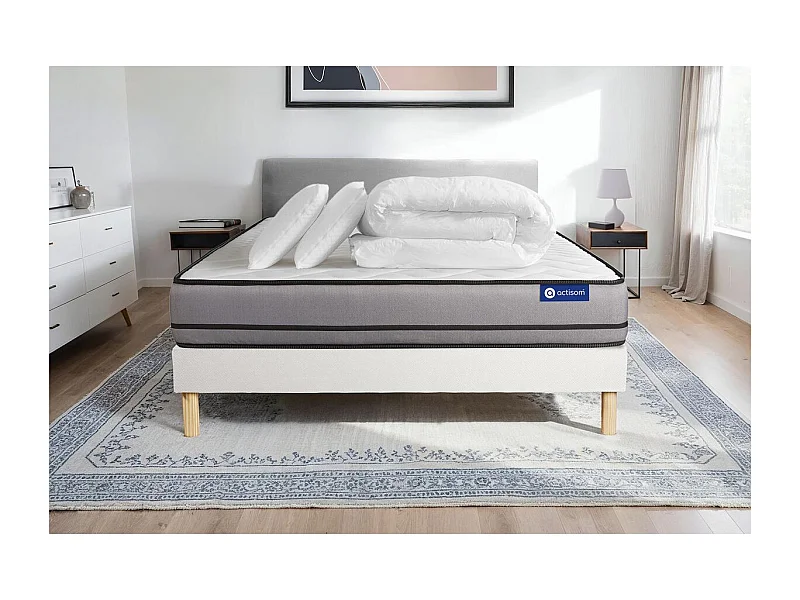 Pack cama completa - Colchón 140x200cm + Somier con láminas (kit) + 2 almohadas + Edredón - Actimemo Night