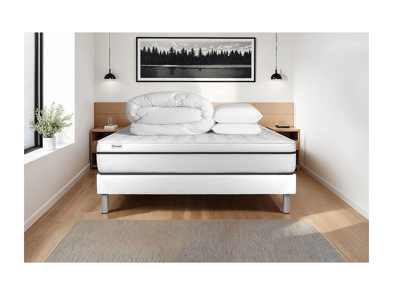 Komplettpaket Bett - Matratze 180x200 cm + Boxspring-Lattenrost (im Set) + 2 Kopfkissen + Bettdecke - Vital Spa