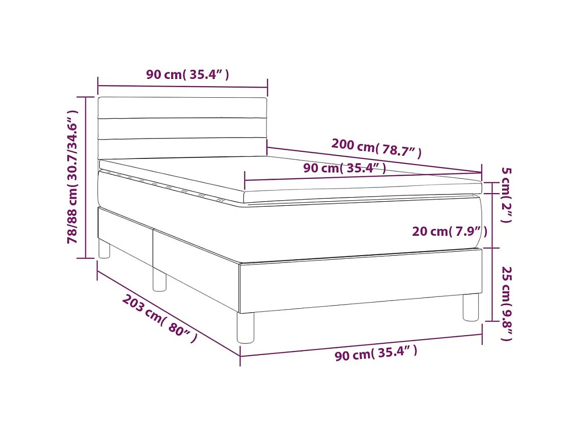 Letto a Molle con Materasso e LED Blu Scuro 90x200cm in Velluto