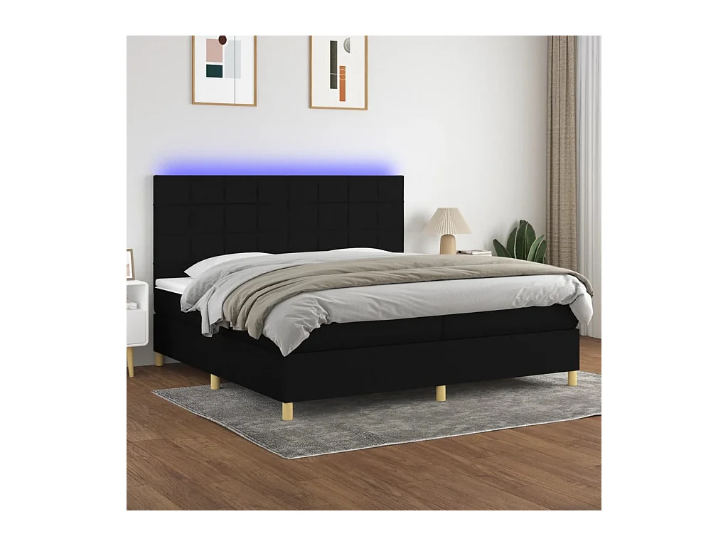 Sommier à lattes de lit et matelas et LED Noir 200x200 cm Tissu