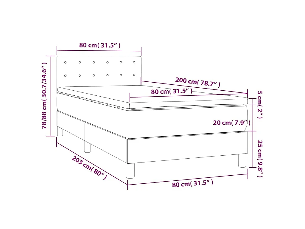 Cama box spring colchón y LED terciopelo azul oscuro 80x200 cm