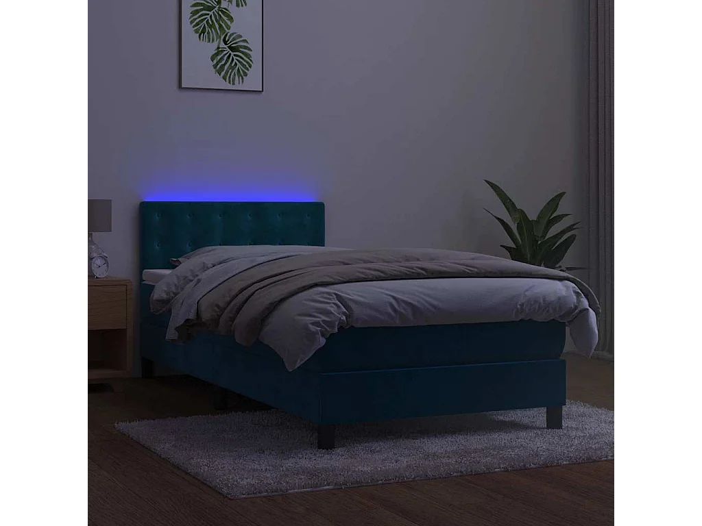 Cama box spring colchón y LED terciopelo azul oscuro 80x200 cm