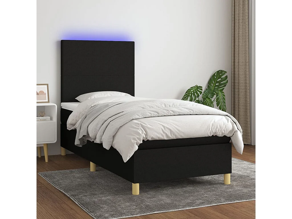 Cama box spring c/ colchão e LED 100x200 cm tecido preto