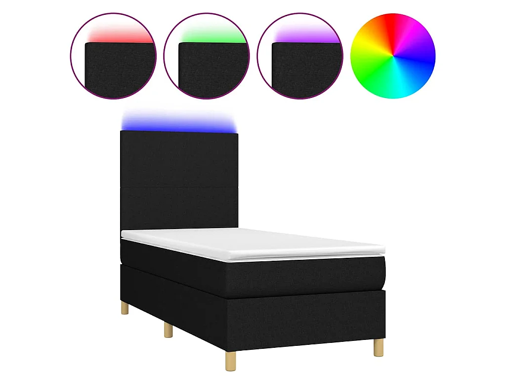 Sommier à lattes de lit et matelas et LED Noir 100x200 cm Tissu