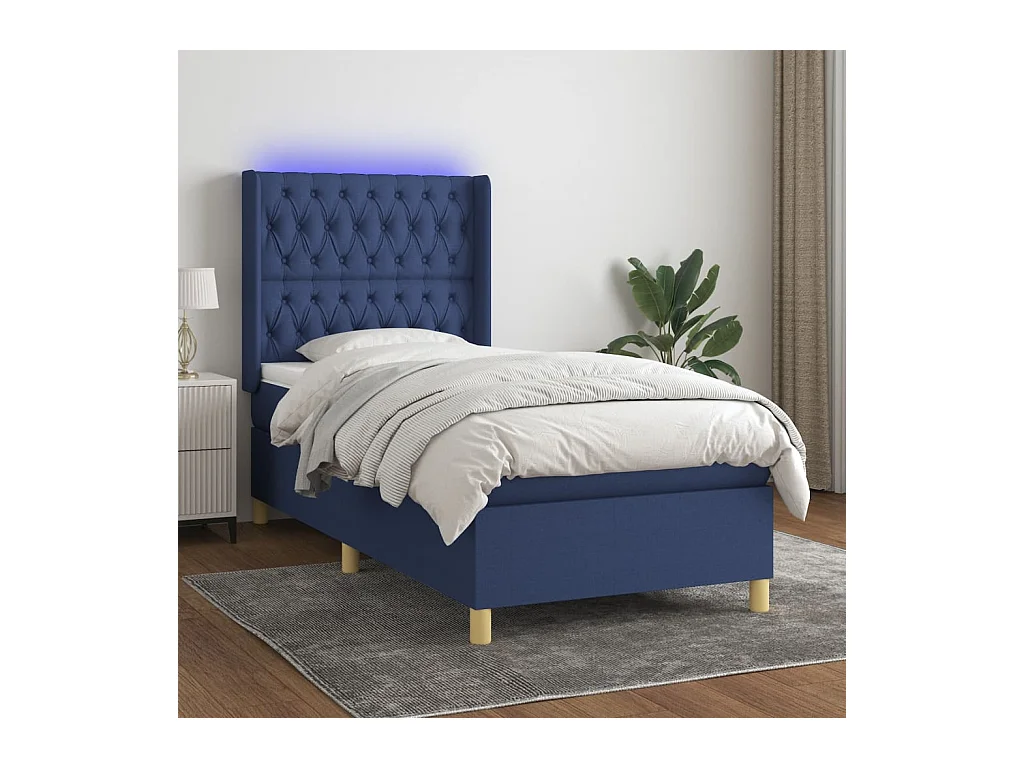 Sommier à lattes de lit matelas et LED Bleu 90x190 cm Tissu