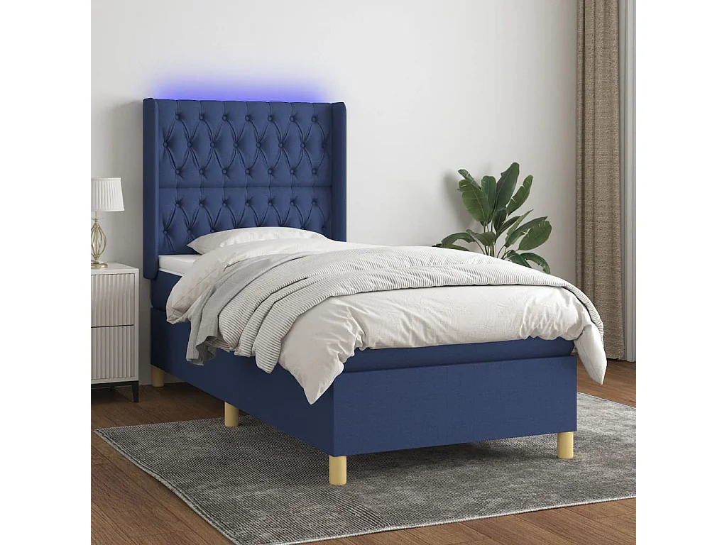 Cama box spring c/ colchão e LED 90x190 cm tecido azul