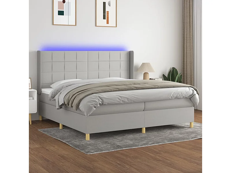 Cama box spring c/ colchão e LED 200x200 cm tecido cinza-claro