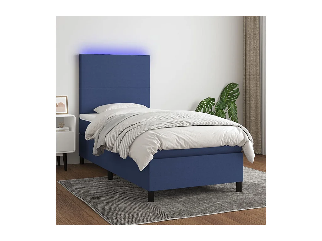 Sommier à lattes de lit et matelas et LED Bleu 100x200 cm Tissu