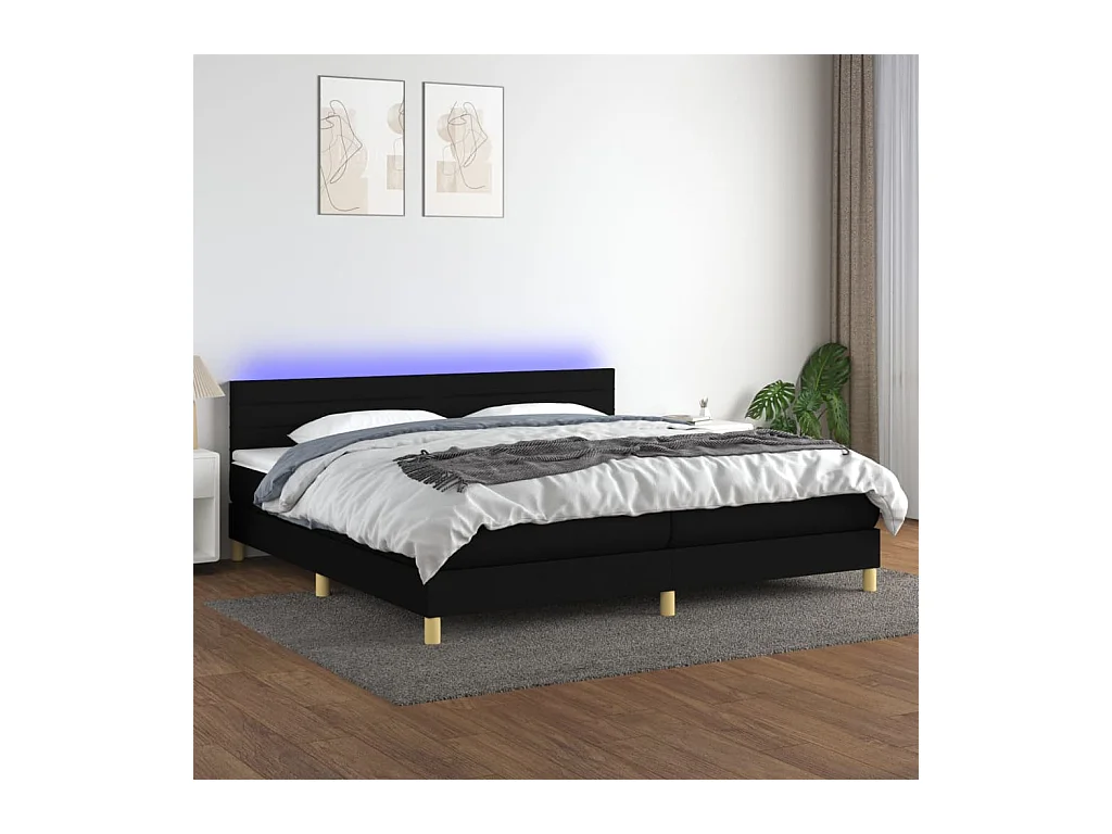 Sommier à lattes de lit et matelas et LED Noir 200x200 cm Tissu