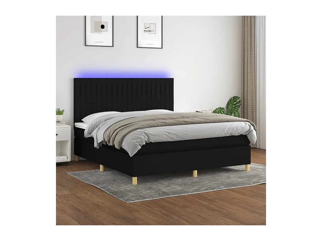 Sommier à lattes de lit et matelas et LED Noir 180x200 cm Tissu