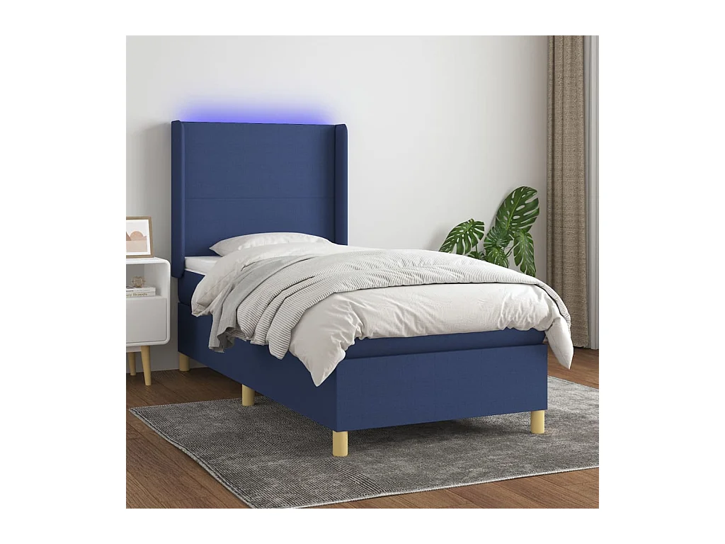 Sommier à lattes de lit matelas et LED Bleu 90x200 cm Tissu