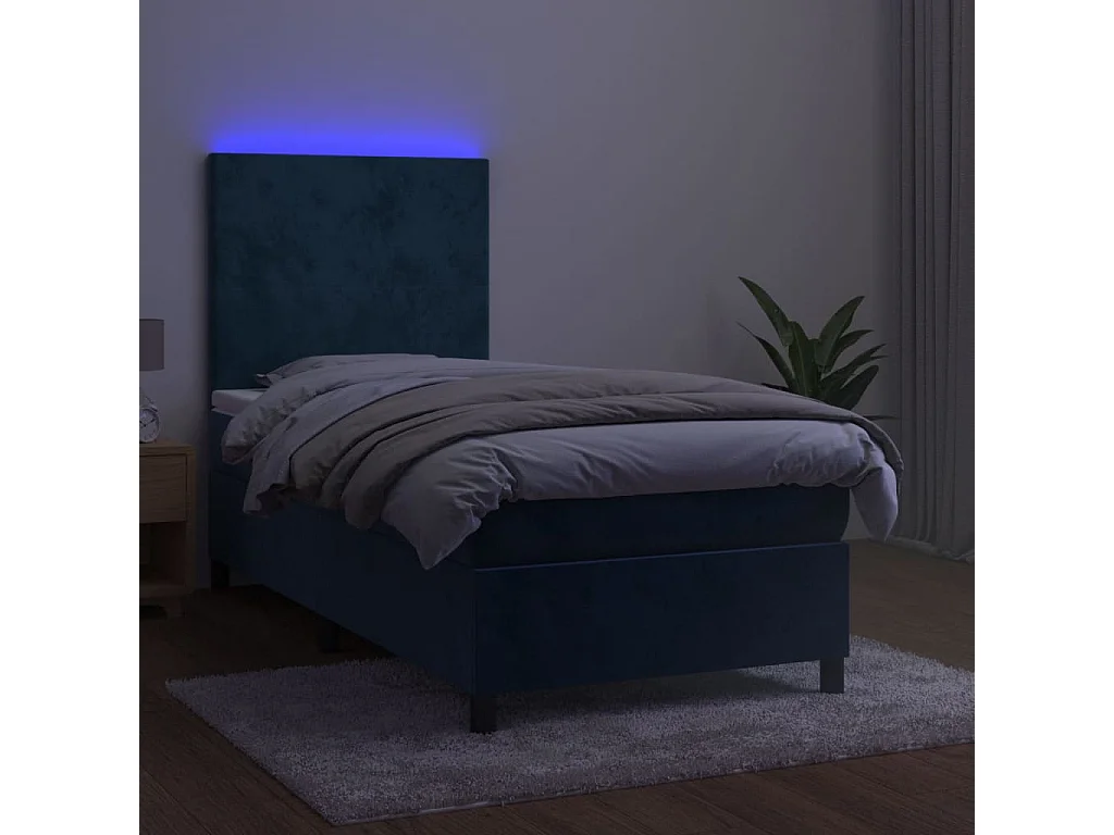 Cama box spring colchón y LED terciopelo azul oscuro 80x200 cm