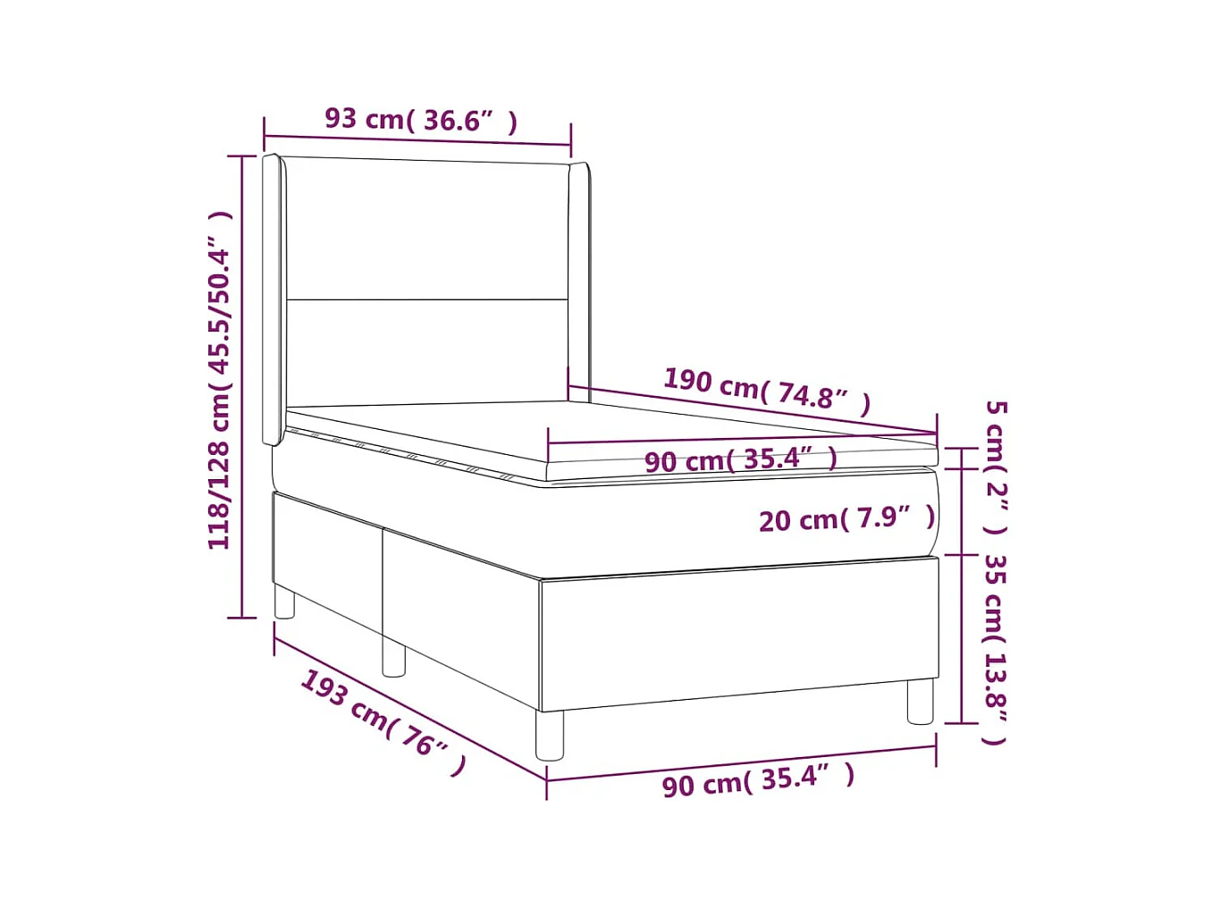 Letto a Molle con Materasso e LED Blu Scuro 90x190cm in Velluto