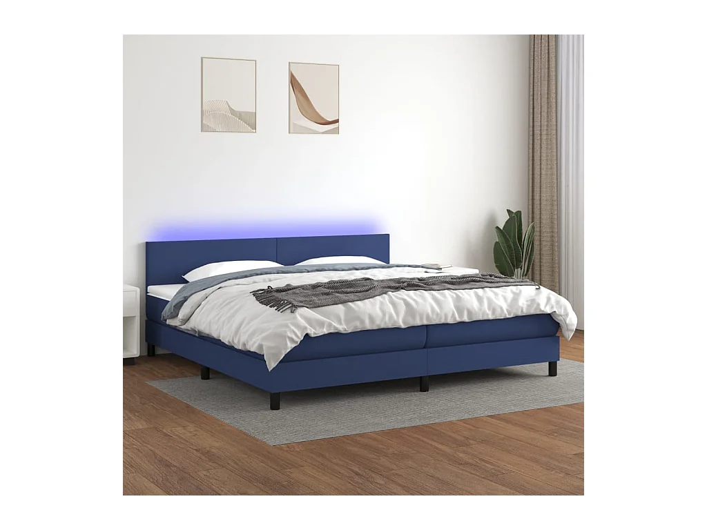 Sommier à lattes de lit et matelas et LED Bleu 200x200 cm Tissu