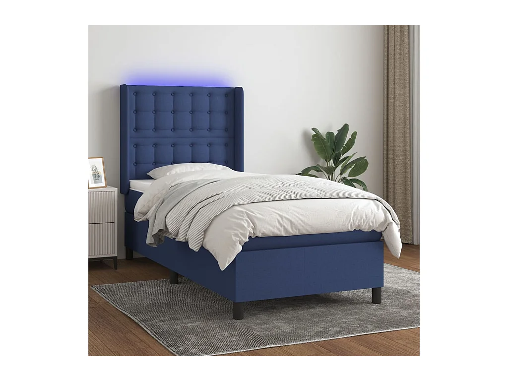 Sommier à lattes de lit matelas et LED Bleu 90x200 cm Tissu