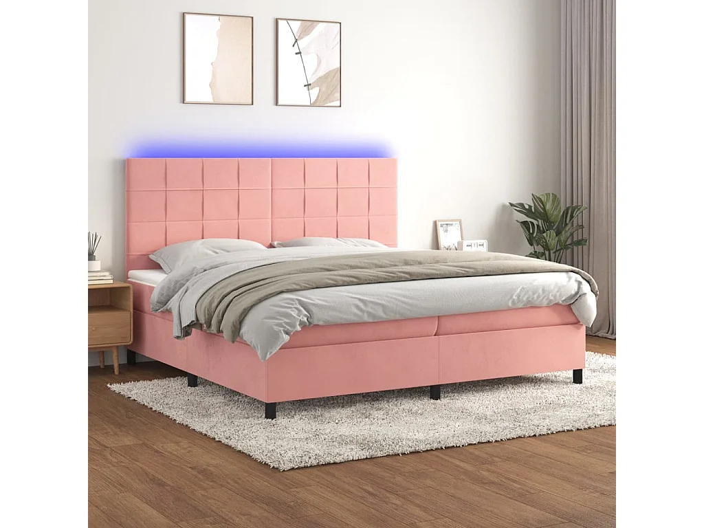 Cama box spring colchón y LED terciopelo rosa 200x200 cm