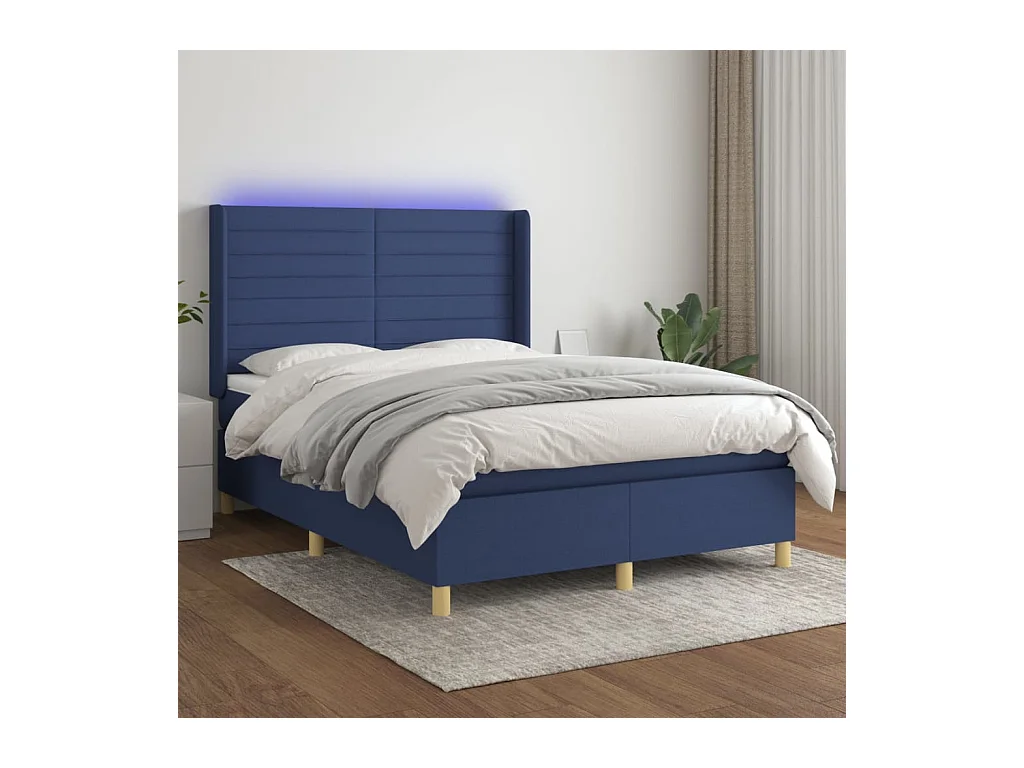 Sommier à lattes de lit matelas et LED Bleu 140x200 cm Tissu