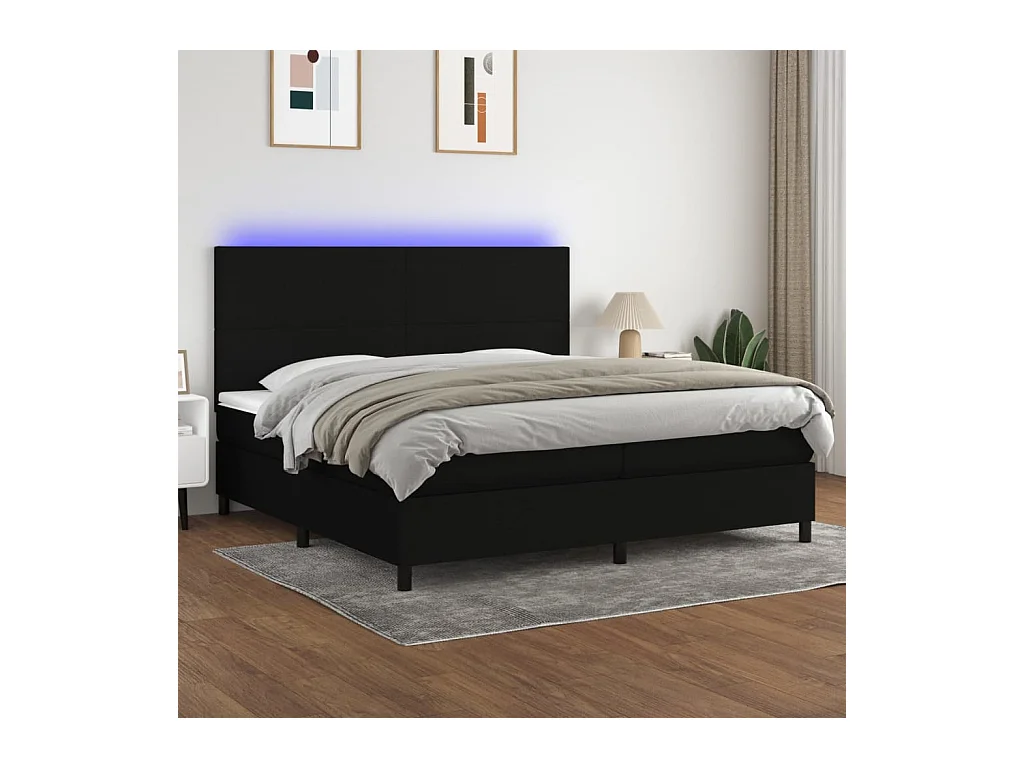 Sommier à lattes de lit et matelas et LED Noir 200x200 cm Tissu