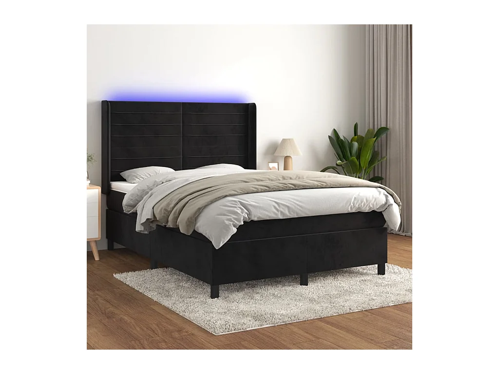 Sommier à lattes de lit matelas et LED Noir 140x190 cm Velours