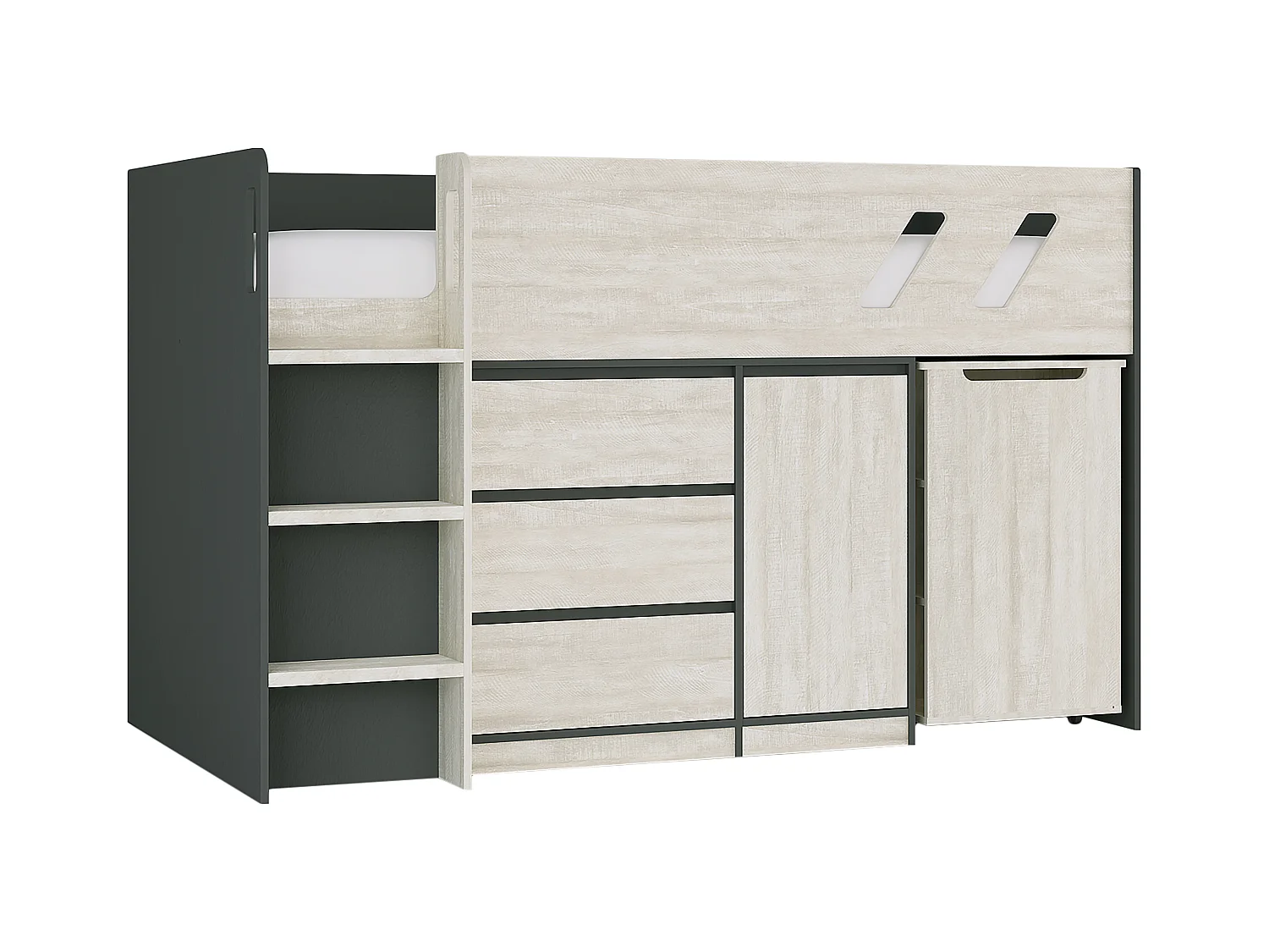 Cama compacta 90 x 190 cm con escritorio y almacenamiento - Color: antracita y gris natural - SAGITI