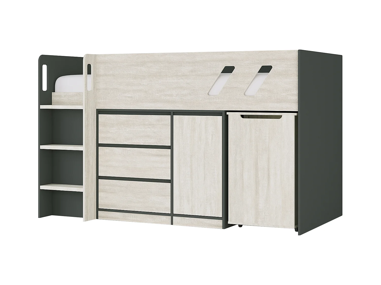 Cama compacta 90 x 190 cm con escritorio y almacenamiento - Color: antracita y gris natural - SAGITI