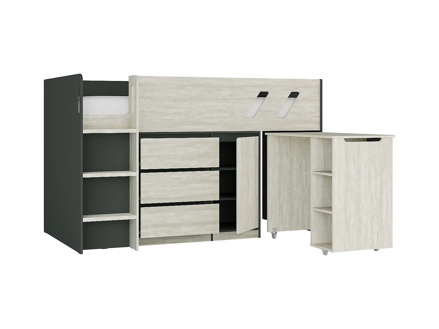 Cama compacta 90 x 190 cm con escritorio y almacenamiento - Color: antracita y gris natural - SAGITI