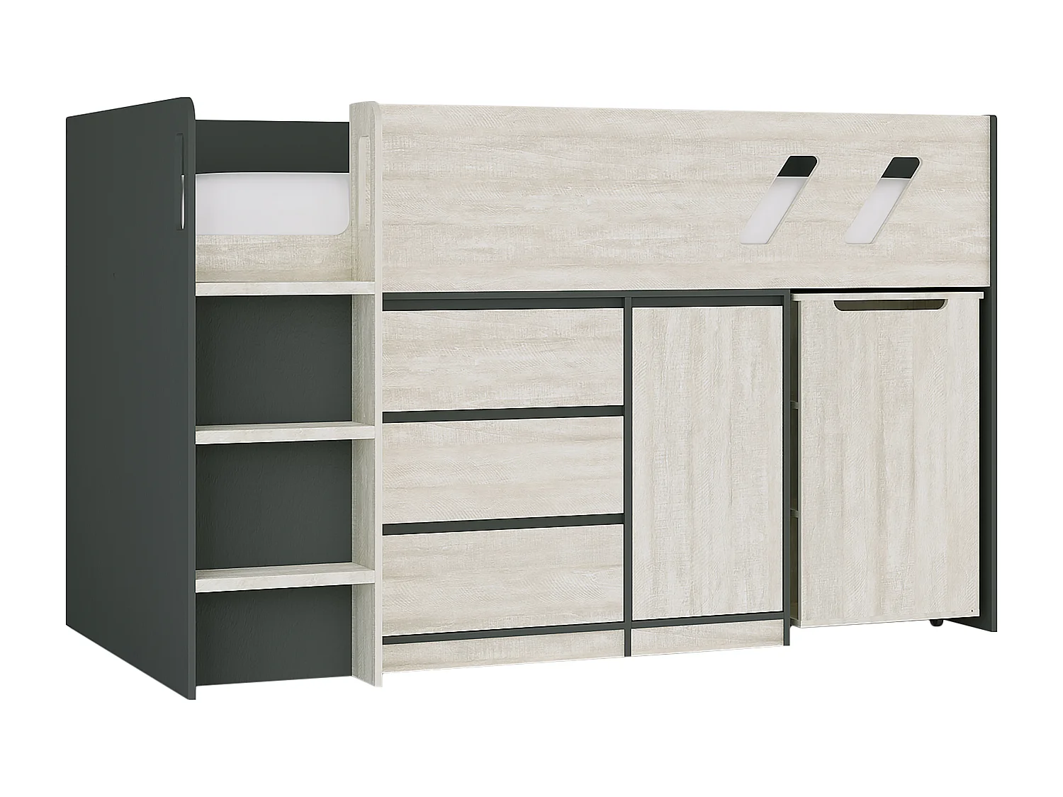 Lit combiné 90 x 190 cm avec bureau et rangements - Coloris : Anthracite et naturel grisé - SAGITI