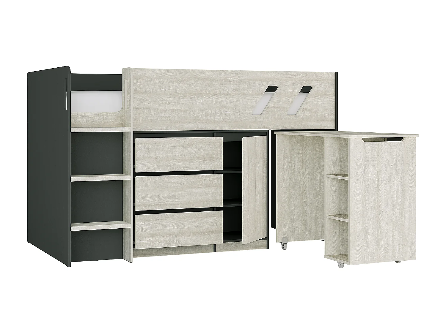 Lit combiné 90 x 190 cm avec bureau et rangements - Coloris : Anthracite et naturel grisé - SAGITI