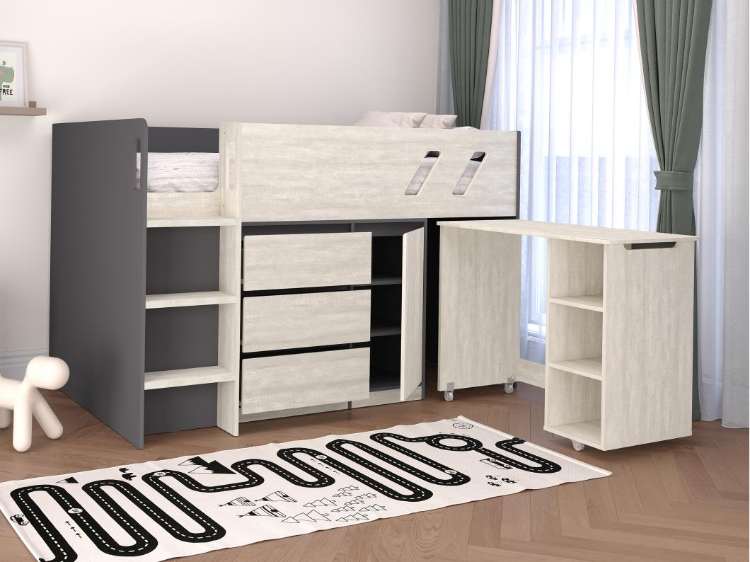 Lit combiné 90 x 190 cm avec bureau et rangements - Coloris : Anthracite et naturel grisé - SAGITI