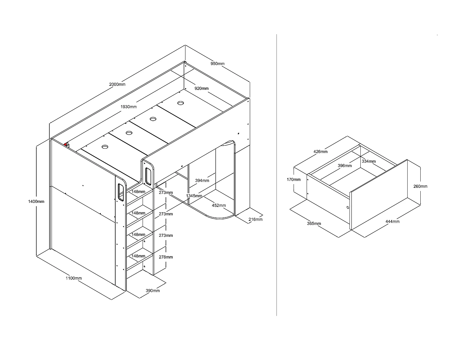 Lit mezzanine 90 x 190 cm avec rangements - Blanc - COLUMI