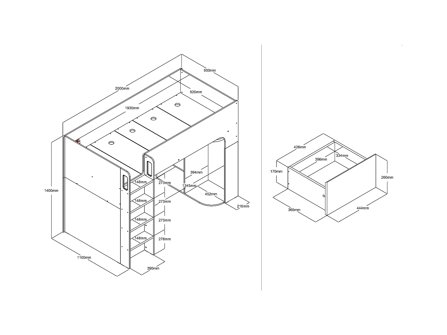 Litera alta 90 x 190 cm con almacenamiento - blanco - COLUMI