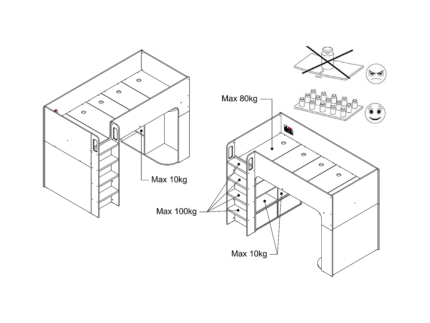 Litera alta 90 x 190 cm con almacenamiento - blanco - COLUMI