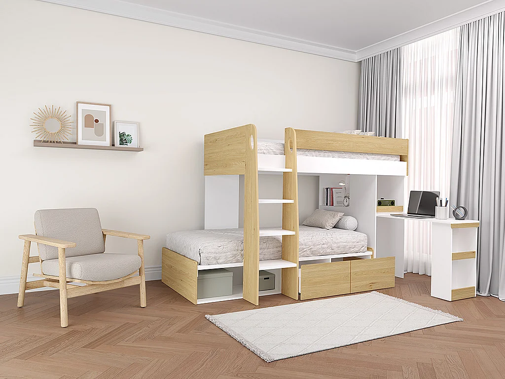 Beliche 2 x 90 x 190 cm com secretária e espaços de arrumação cor natural e branco - LOMIDEN