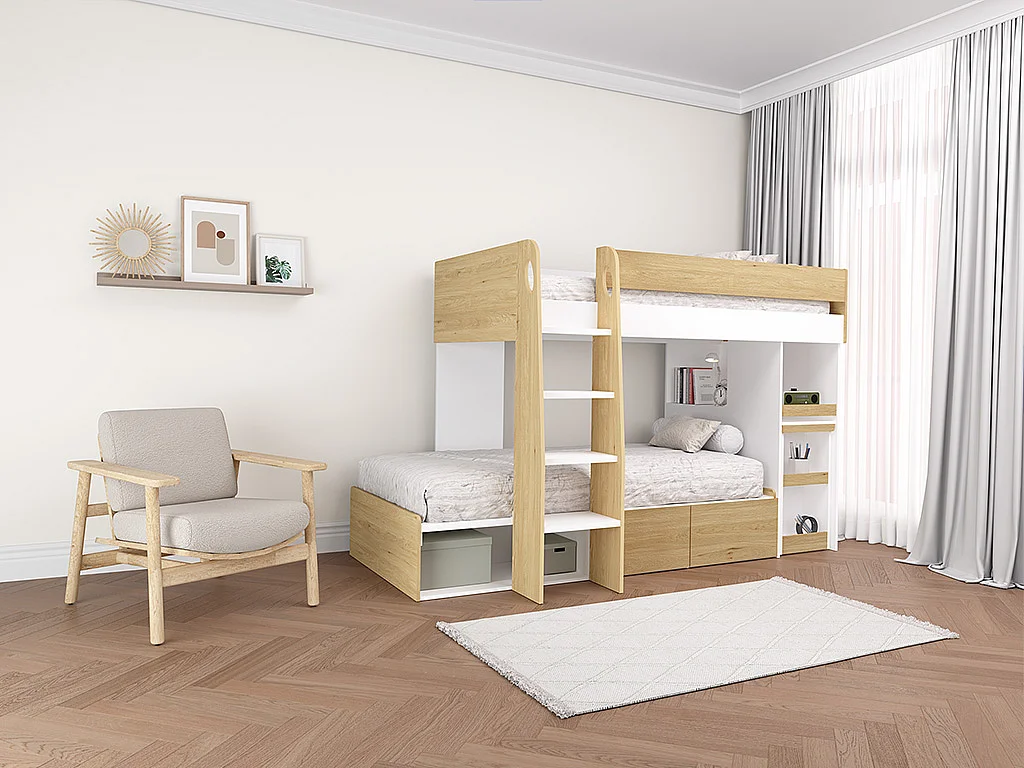 Beliche 2 x 90 x 190 cm com secretária e espaços de arrumação cor natural e branco - LOMIDEN