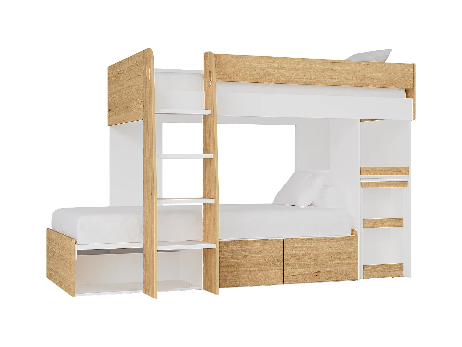 Beliche 2 x 90 x 190 cm com secretária e espaços de arrumação cor natural e branco - LOMIDEN